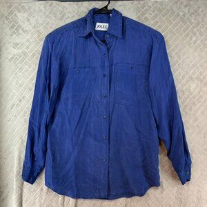 Joule Energy Womens Small Silk Button Up Shirt Blue Long Sleeve Baggy Collared